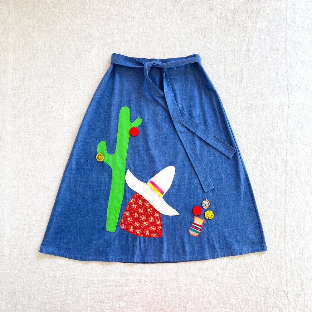 Vintage 70s Handmade Blue Desert Cactus Applique Wrap Skirt Medium